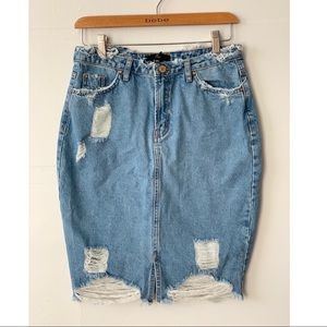 Missguided distressed blue demin midi skirt